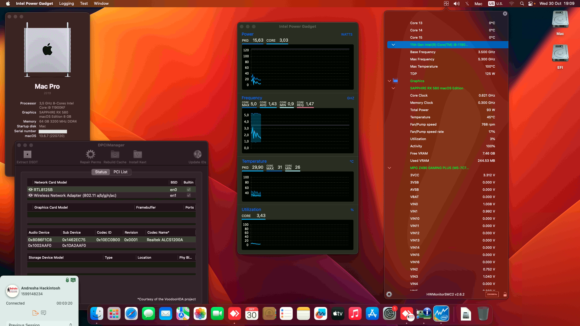 Success Hackintosh macOS Ventura 13.6.7 Build 23G720 in MSI MPG Z490 Gaming Plus + Intel Core i9 11900KF + Sapphire RX 580